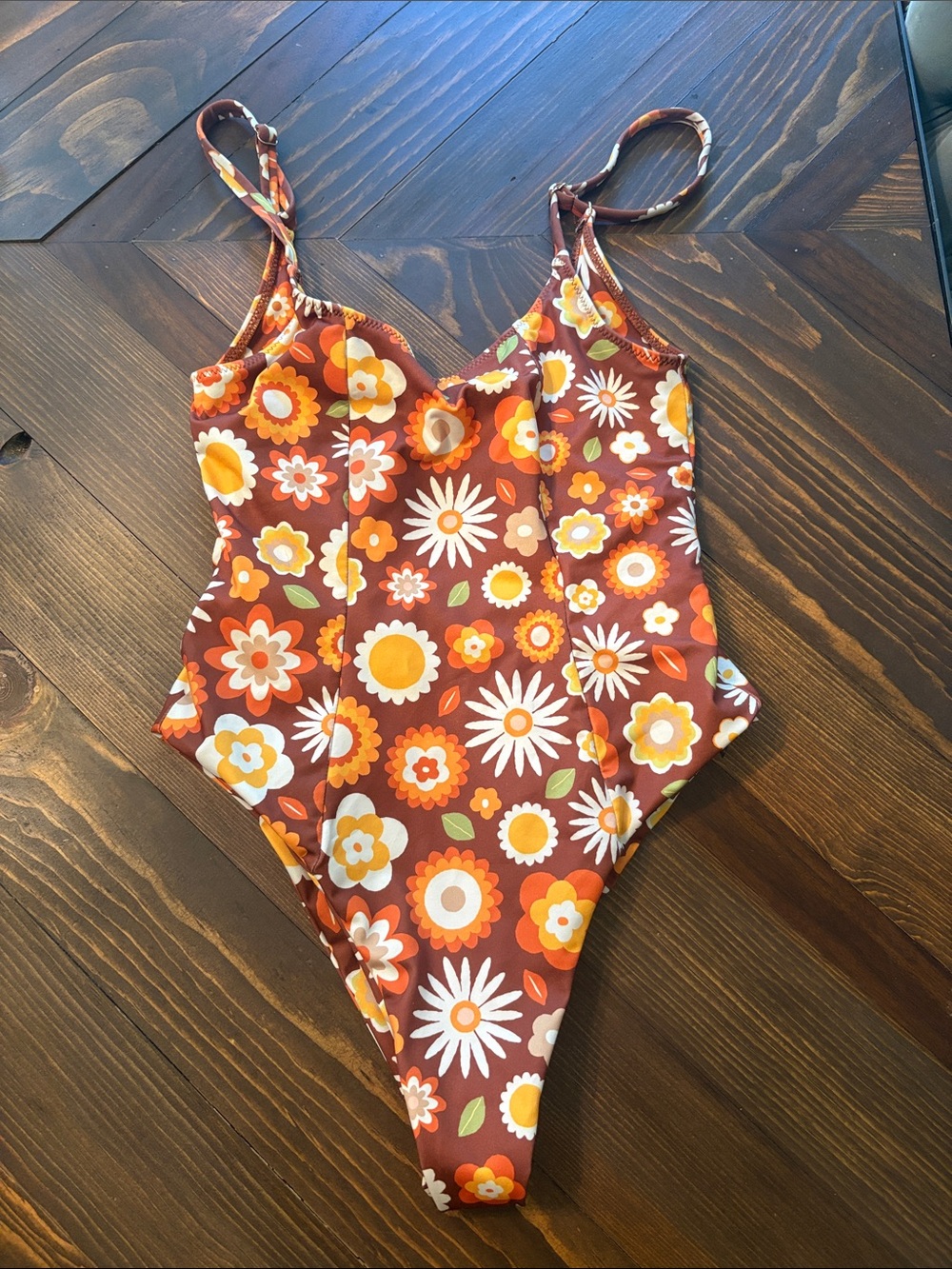 Retro Floral One-Piece Swimsuit — Brown & Orange - Picture 1 of 3